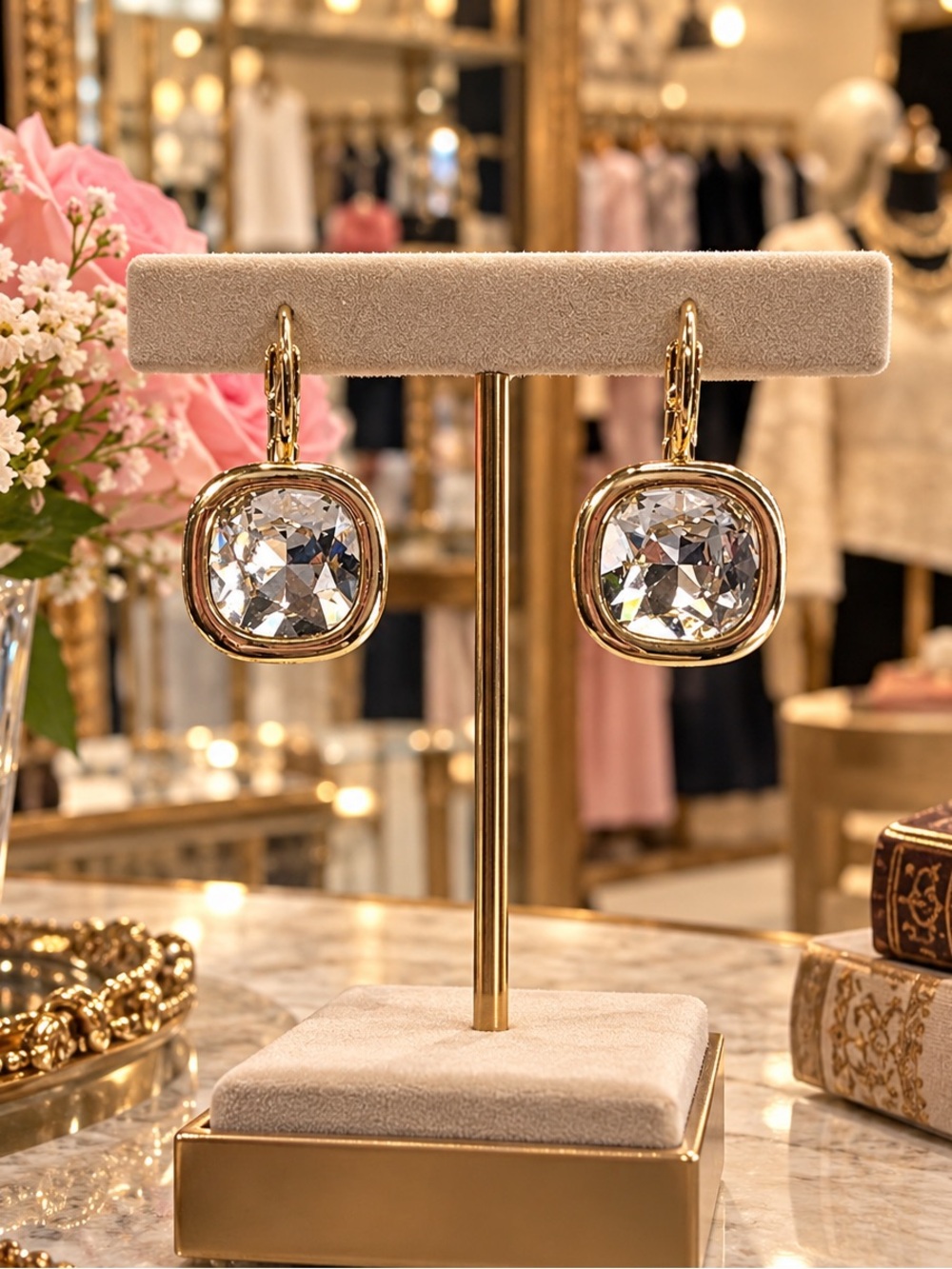 Gold Drop Earrings with Clear Crystal Accent - Women Jewelry